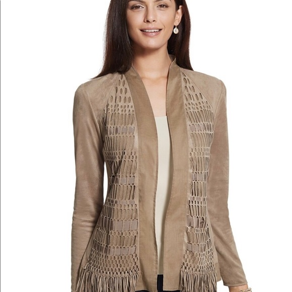 Chico’s Faux Suede Fringe Jacket, Countess Taupe, Size 1 (M-8). - Picture 2 of 8